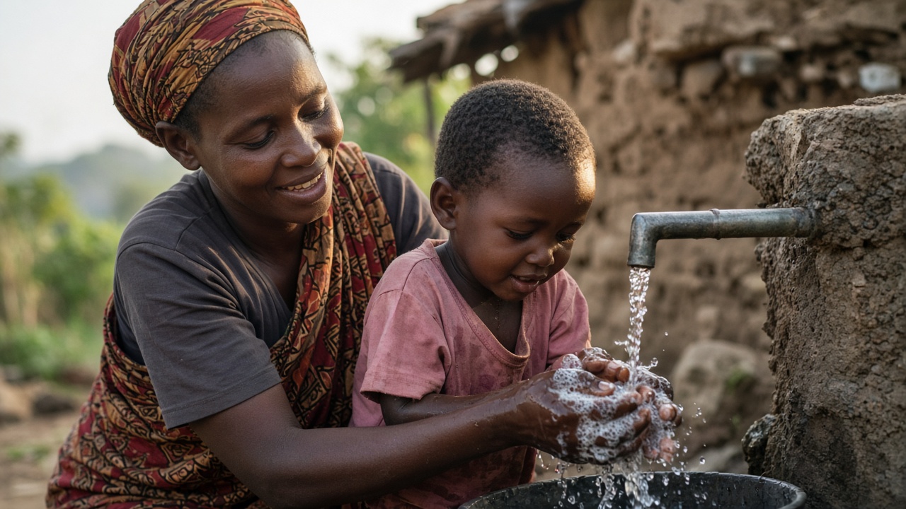 Mother helping a child wash hands with soap under clean running water