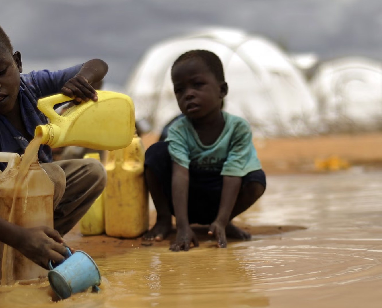 Children collecting water near a puddle